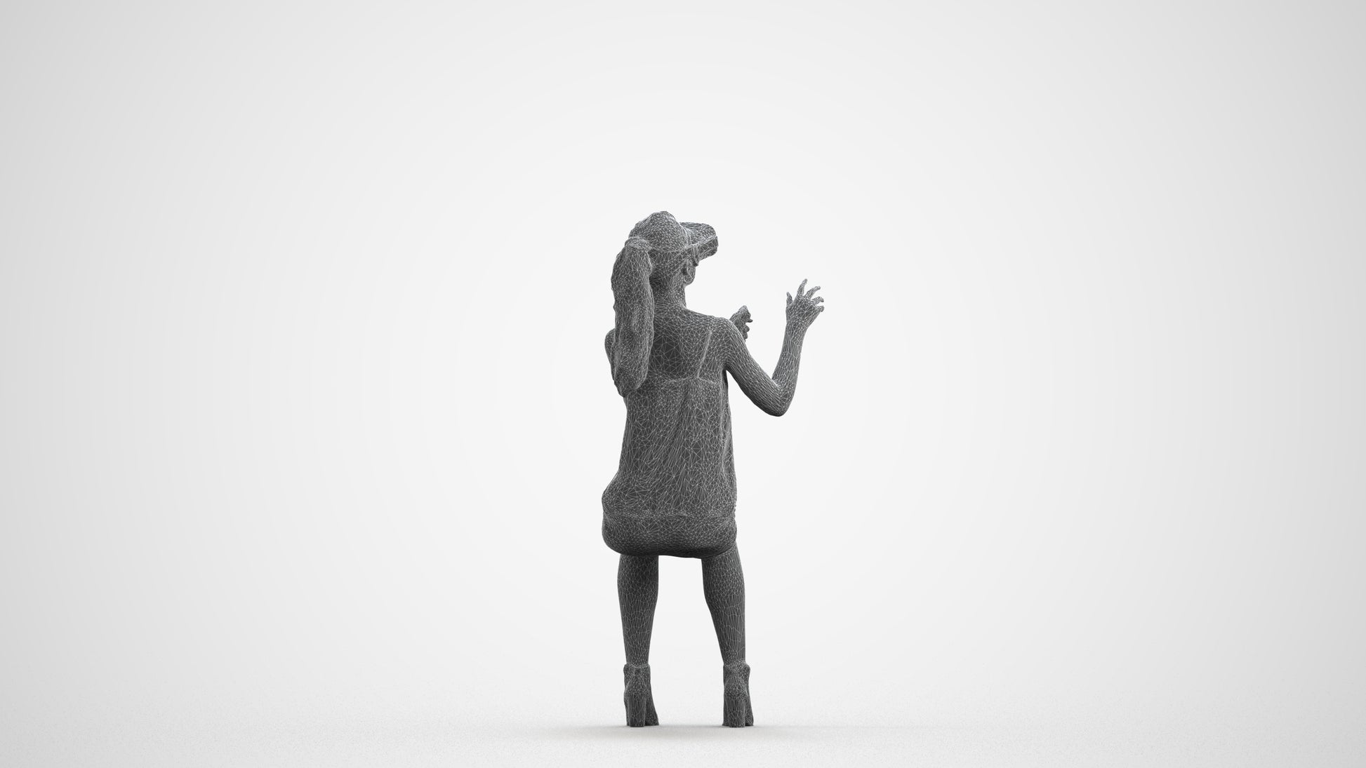 3D human model girl casual sitting, photogrammetry scanned person for archviz, wireframe front view