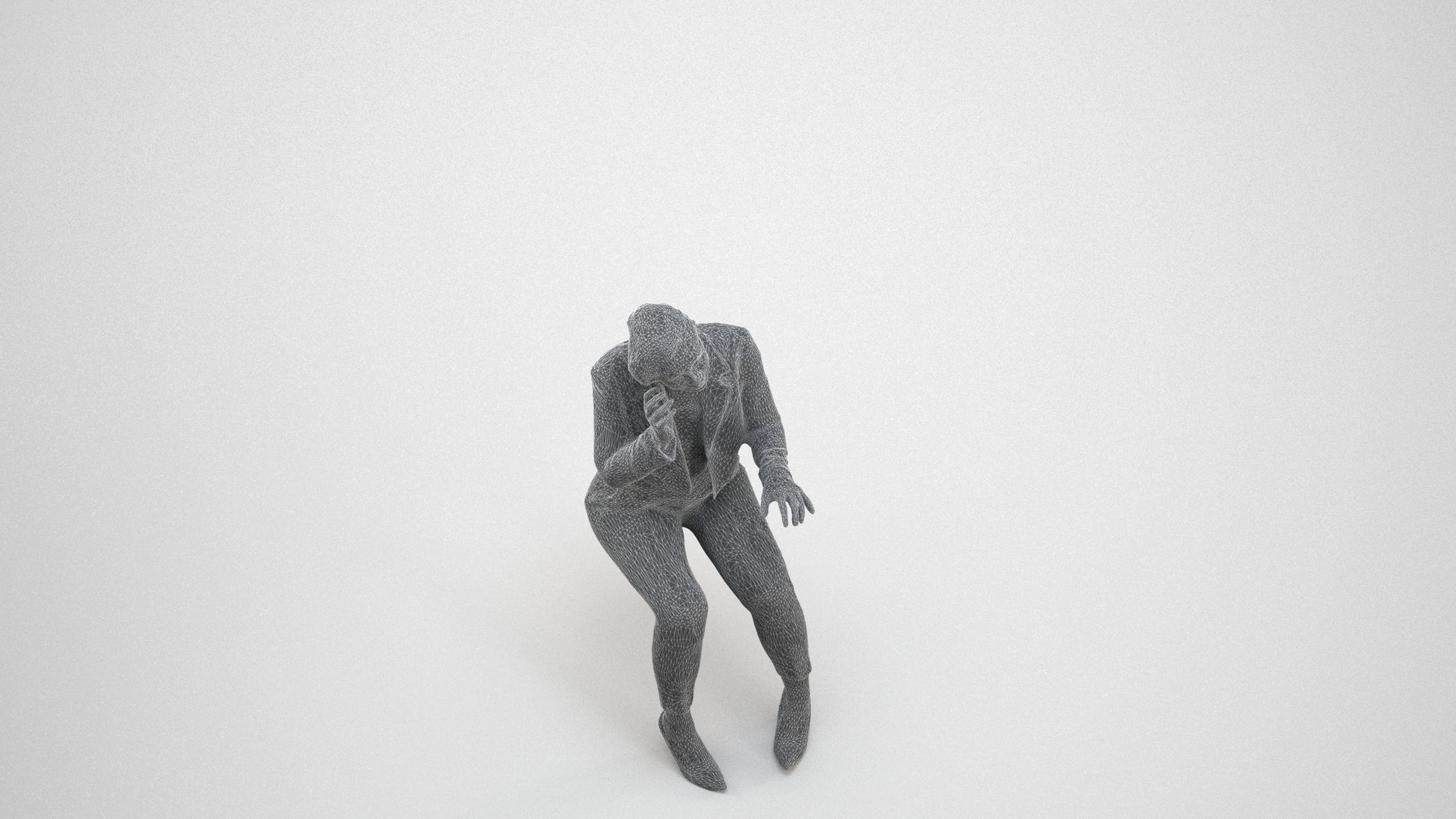 3D human model woman business, photogrammetry scanned person for archviz, wireframe three-quarter view