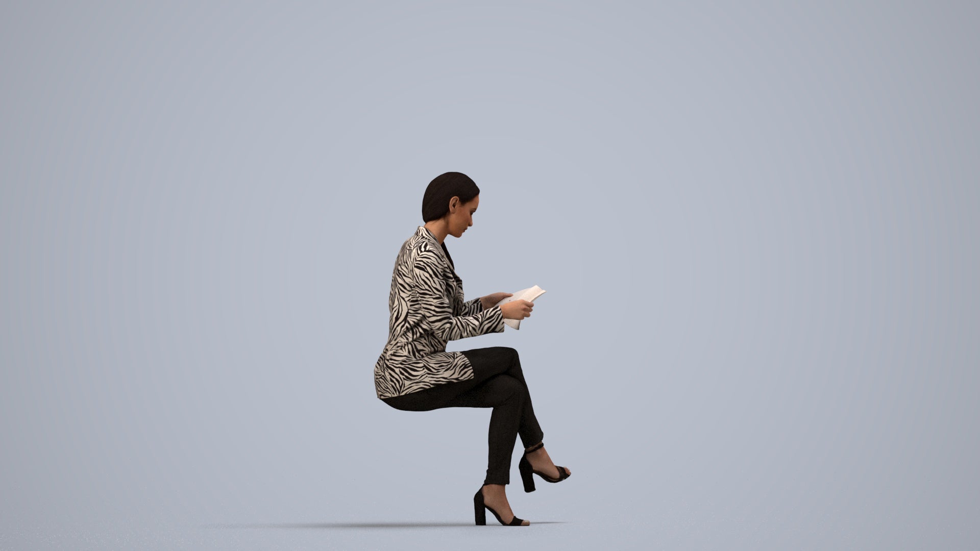 3D people model woman casual sitting, scanned human for 3ds Max rendering, side view render