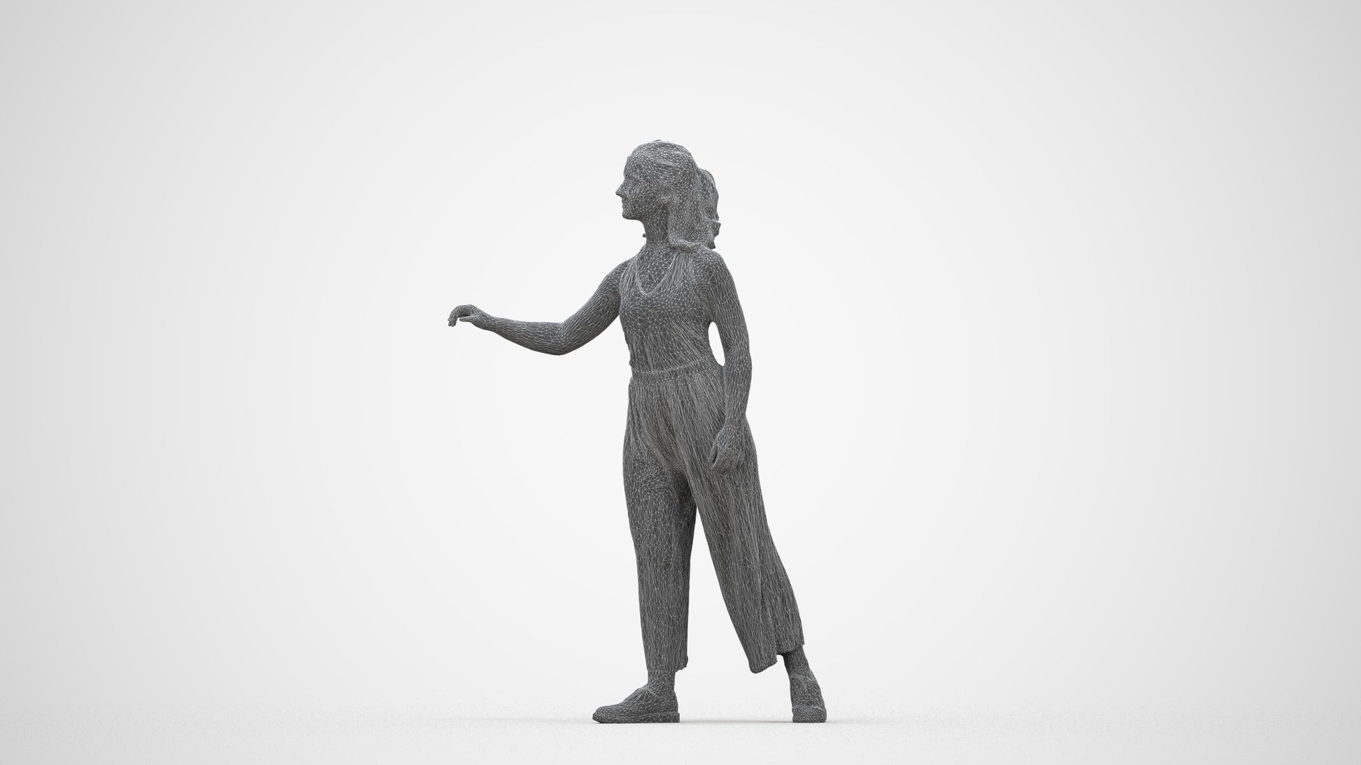 3D human model girl casual door, photogrammetry scanned person for archviz, wireframe back view