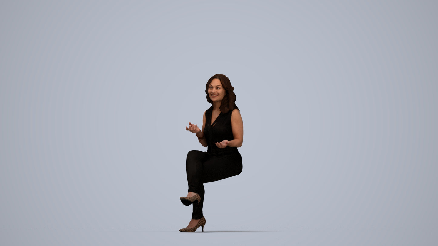 3D human model woman casual sitting, photogrammetry scanned person for archviz, top-down view render