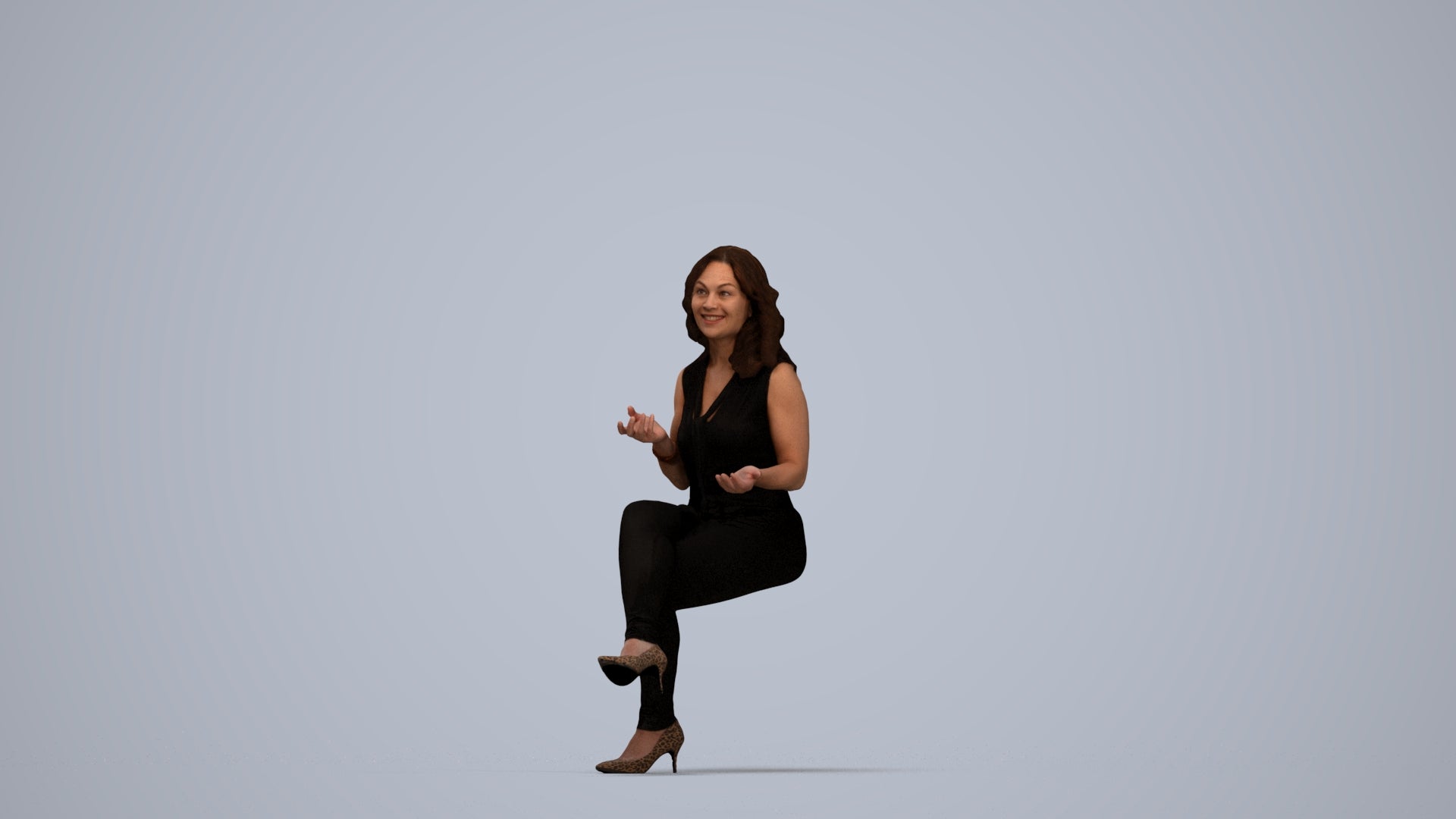 3D human model woman casual sitting, photogrammetry scanned person for archviz, top-down view render