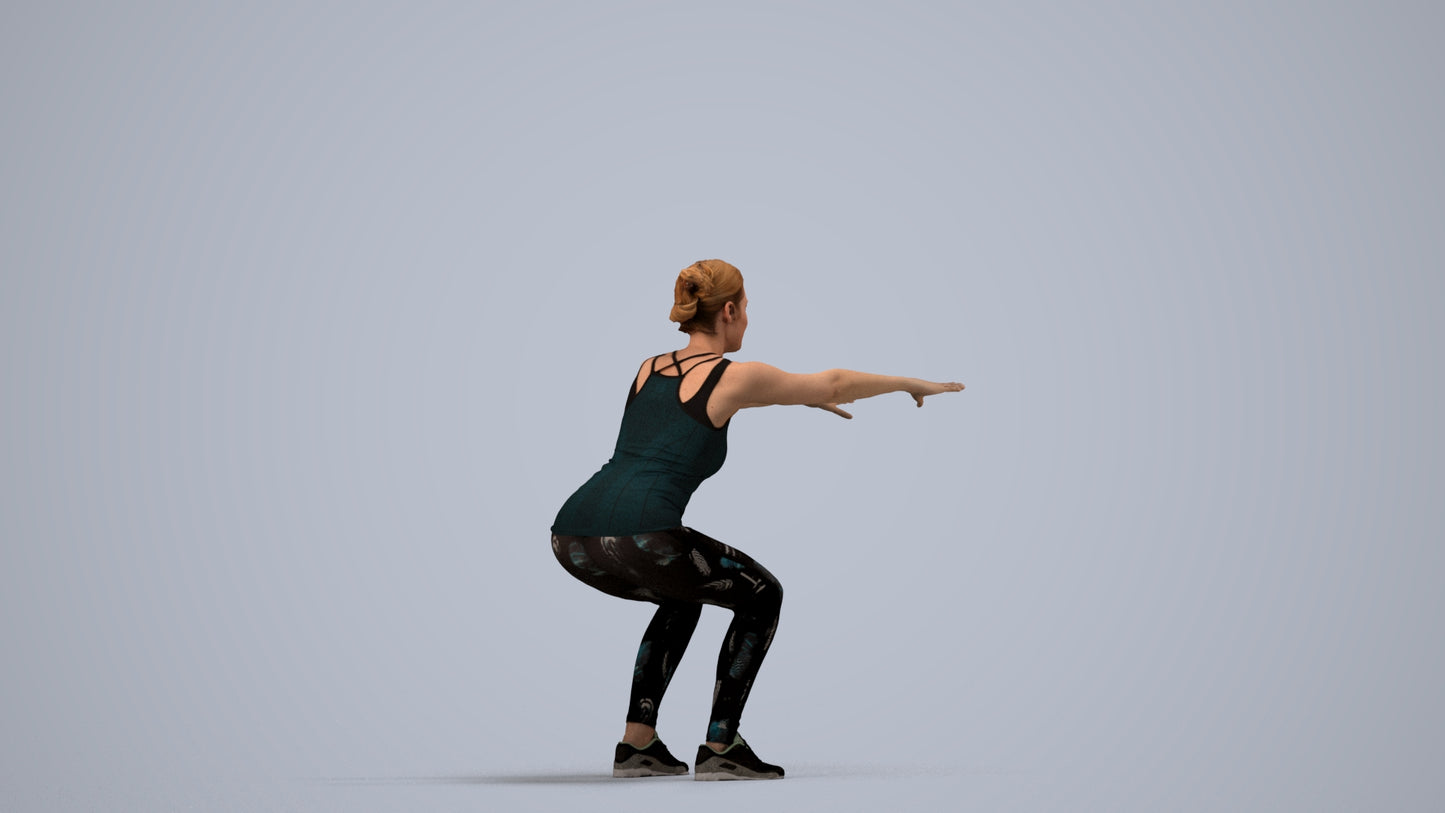 3D human model woman sport, photogrammetry scanned person for archviz, side view render
