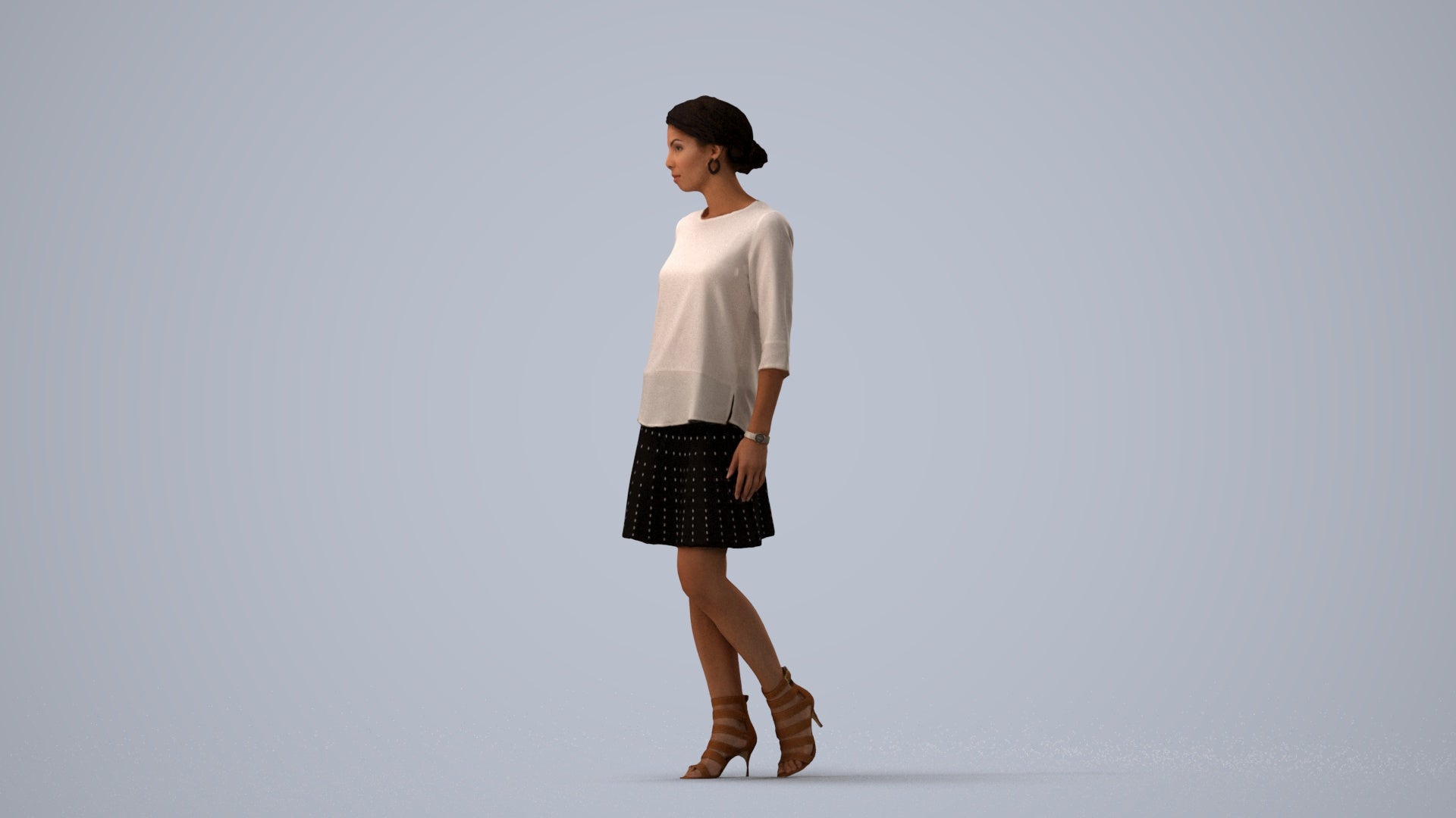 realistic 3D woman business standing, scanned archviz people for Blender and 3ds Max, three-quarter view render