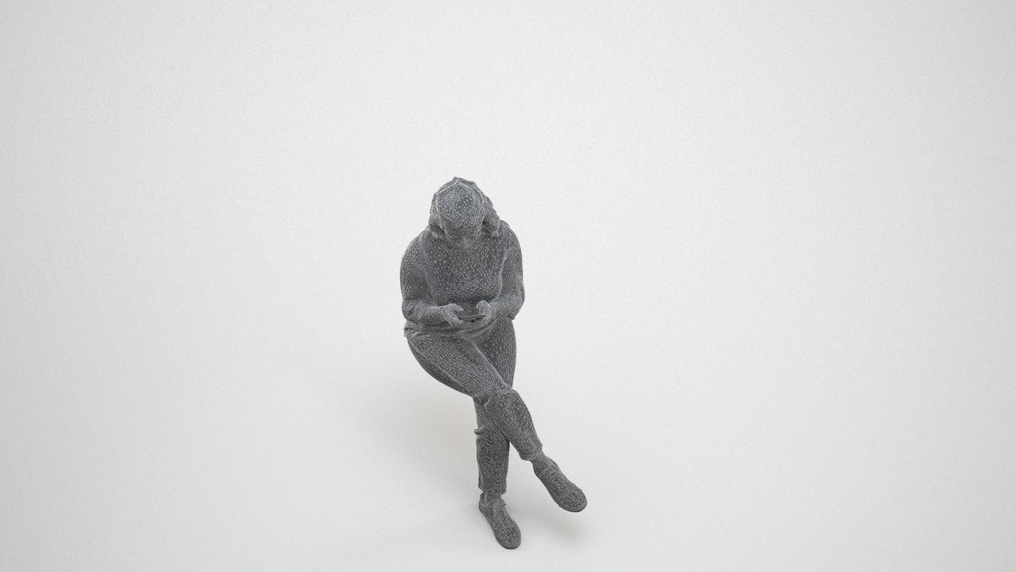 realistic 3D human woman casual sitting, archviz people FBX OBJ for Blender, wireframe three-quarter view