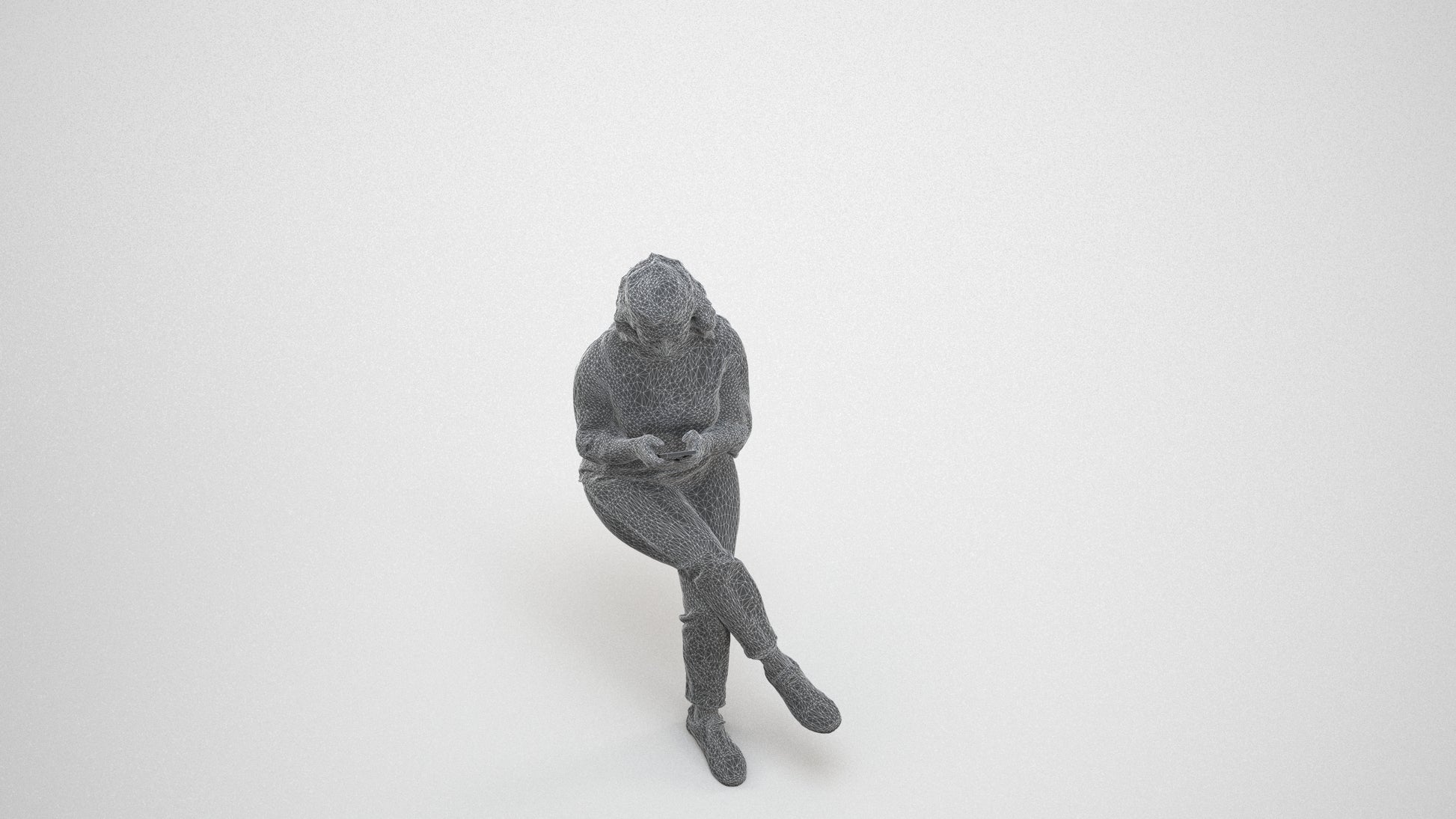 realistic 3D human woman casual sitting, archviz people FBX OBJ for Blender, wireframe three-quarter view