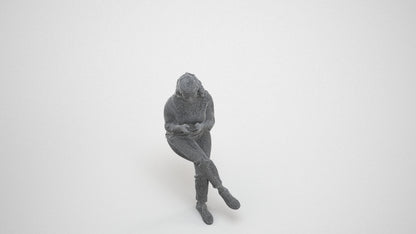 realistic 3D human woman casual sitting, archviz people FBX OBJ for Blender, wireframe three-quarter view