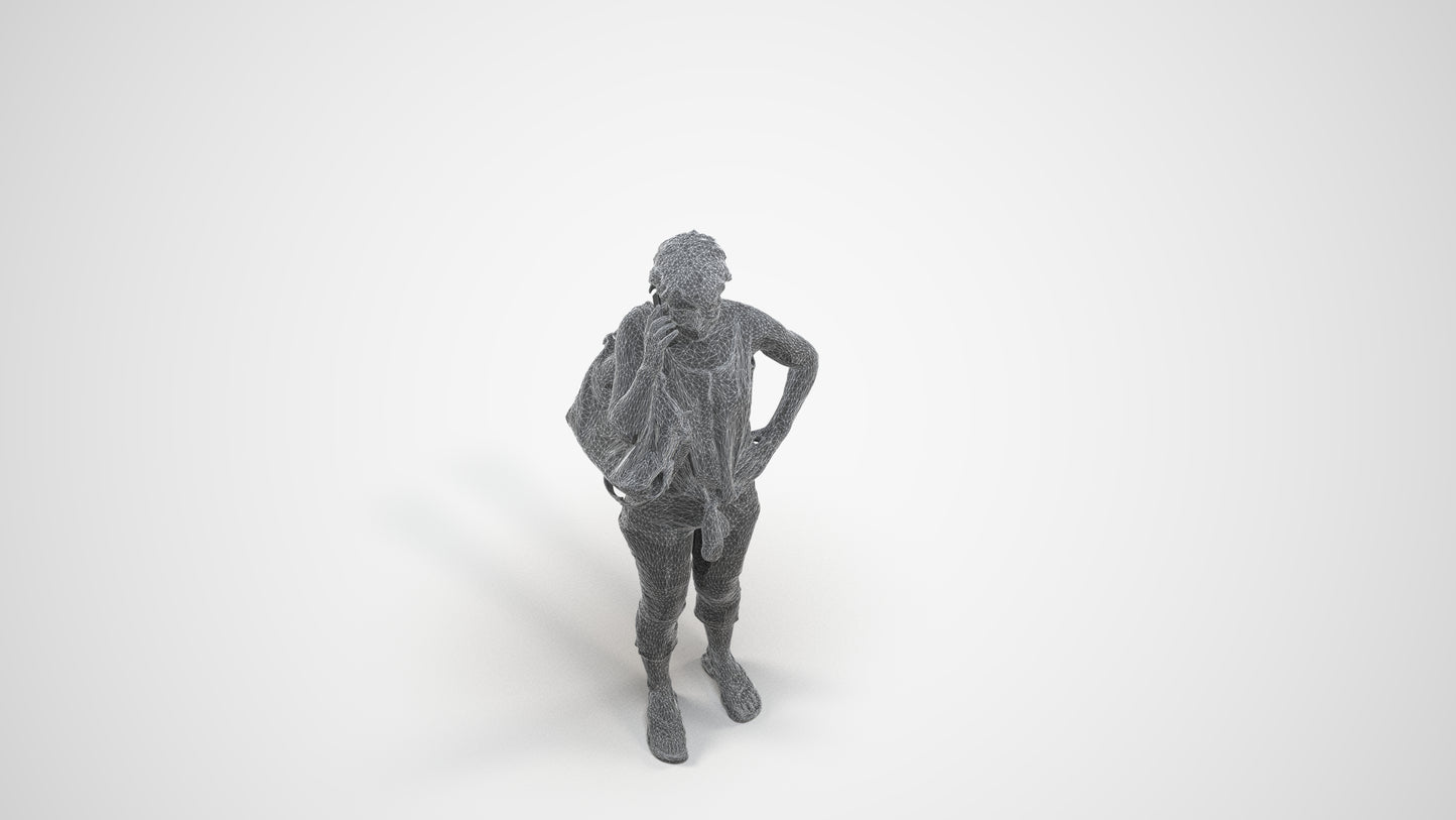 3D scanned senior woman standing, photorealistic archviz people for Enscape and SketchUp, wireframe three-quarter view