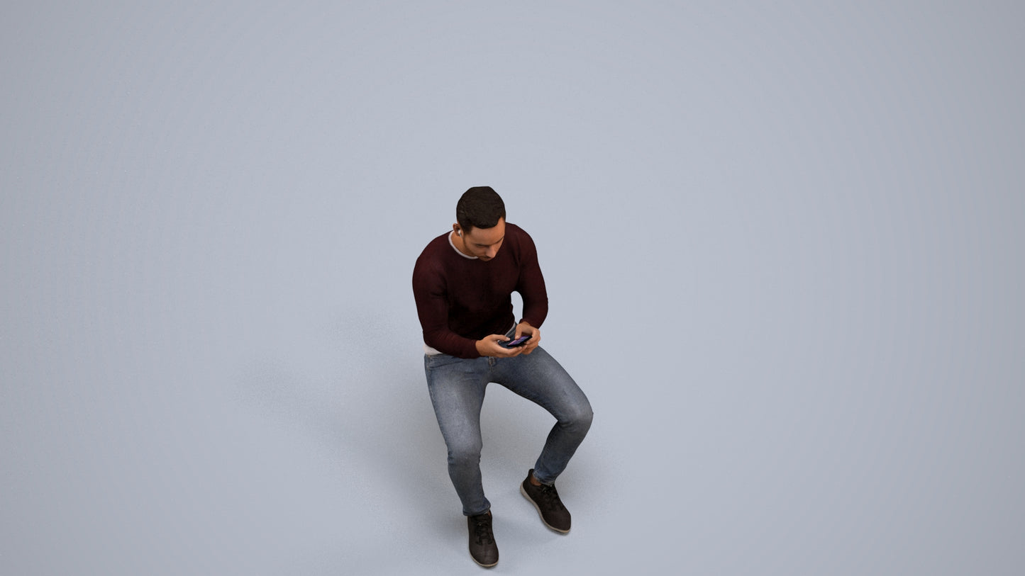 photogrammetry 3D man casual sitting, realistic human model archviz FBX, back view render