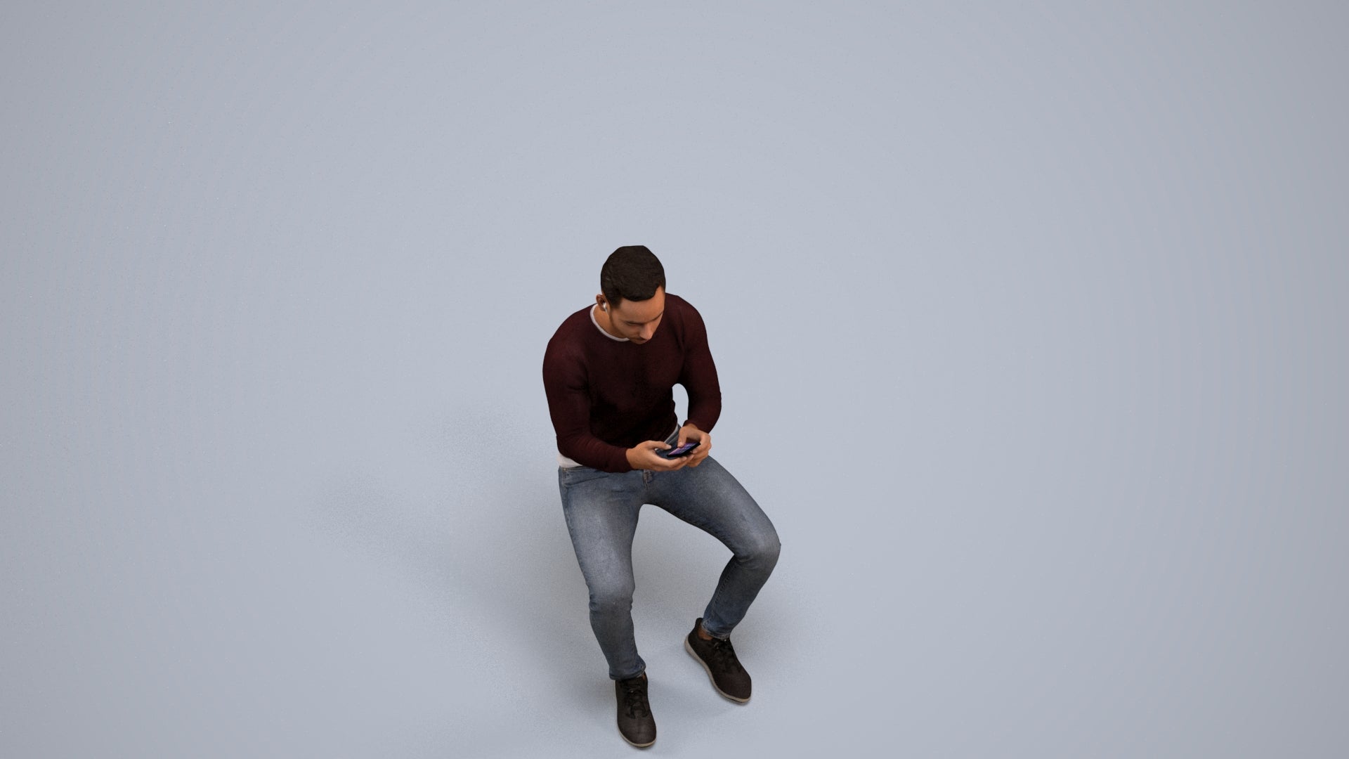 photogrammetry 3D man casual sitting, realistic human model archviz FBX, back view render