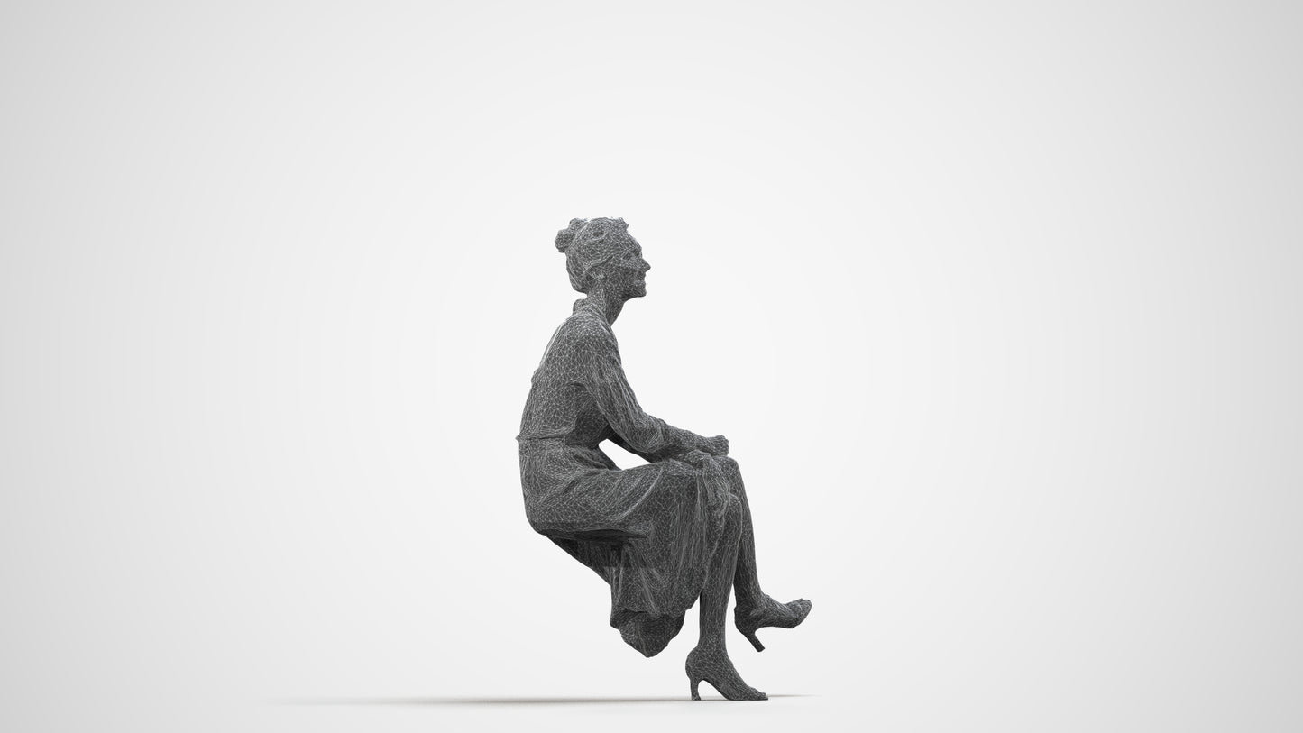 scanned 3D woman casual sitting, photogrammetry people for Enscape and V-Ray, wireframe side view
