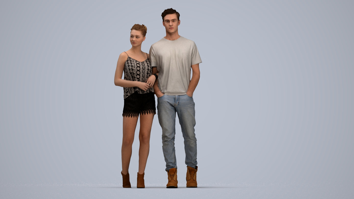 3D people model woman casual couple, scanned human for 3ds Max rendering, top-down view render