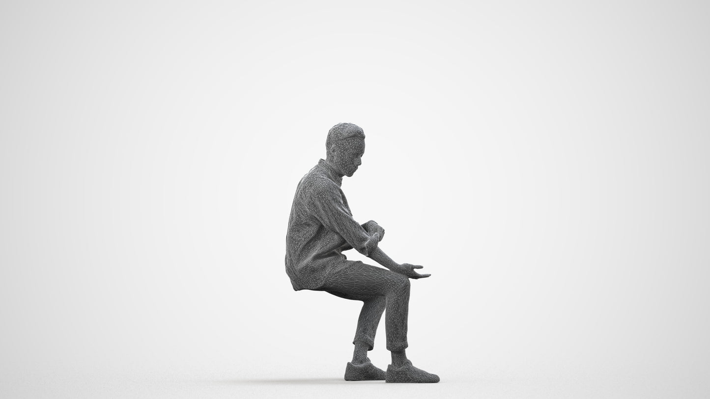 realistic 3D people man casual sitting, render-ready for V-Ray and Corona, FBX OBJ, wireframe side view