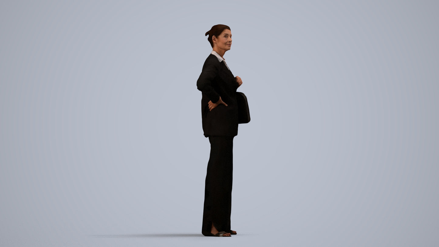 3D human model senior woman business, photogrammetry scanned person for archviz, side view render