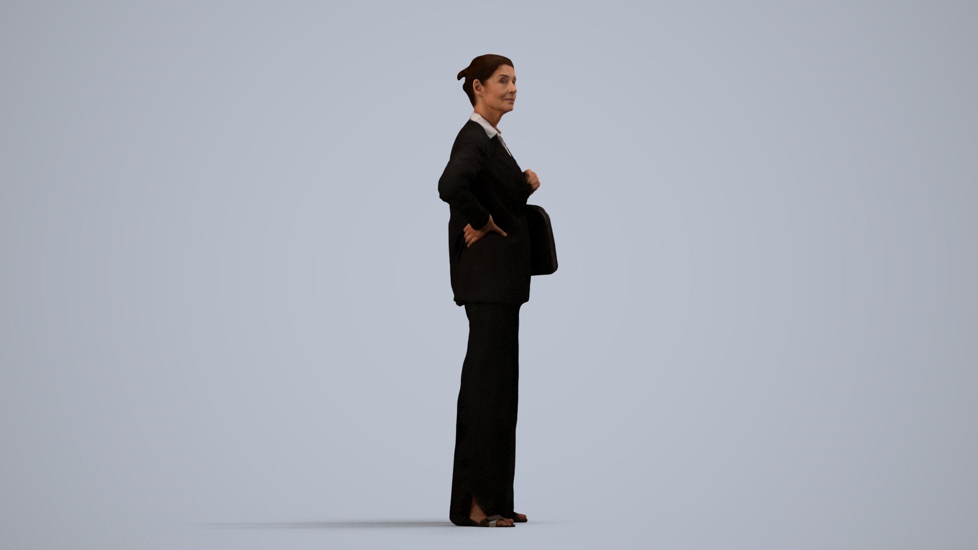 3D human model senior woman business, photogrammetry scanned person for archviz, side view render