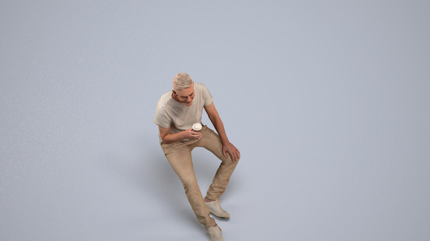 scanned 3D senior man casual sitting, photogrammetry people for Enscape and V-Ray, back view render