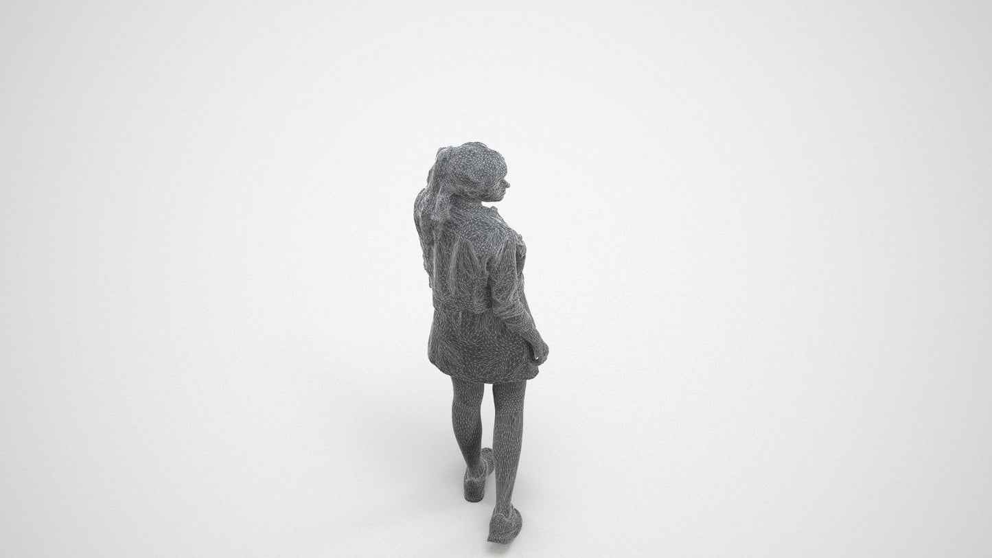 realistic 3D woman casual walking, scanned archviz people for Blender and 3ds Max, wireframe three-quarter view