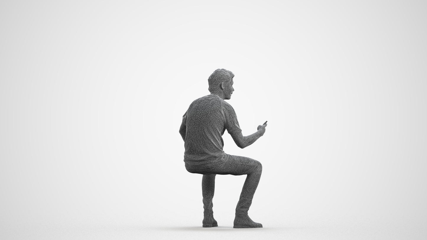 3D human model man casual sitting, photogrammetry scanned person for archviz, wireframe front view