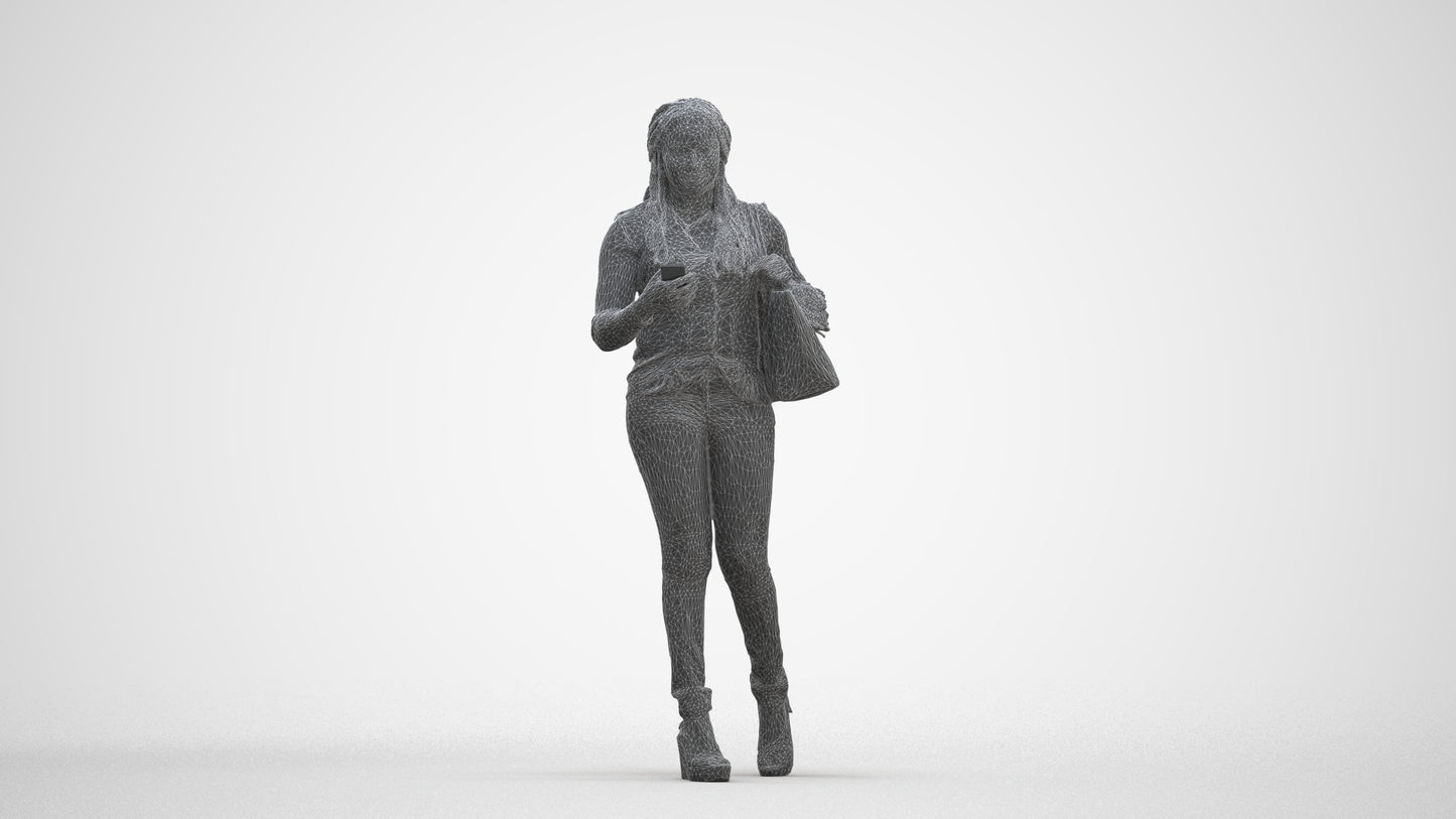3D scanned woman walking casual, photorealistic archviz people for Enscape and SketchUp, three-quarter front view render