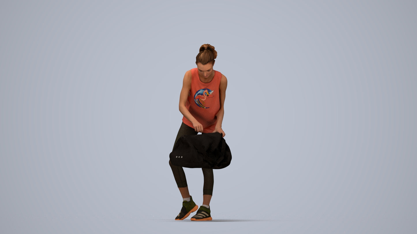 3D human model woman sport, photogrammetry scanned person for archviz, top-down view render