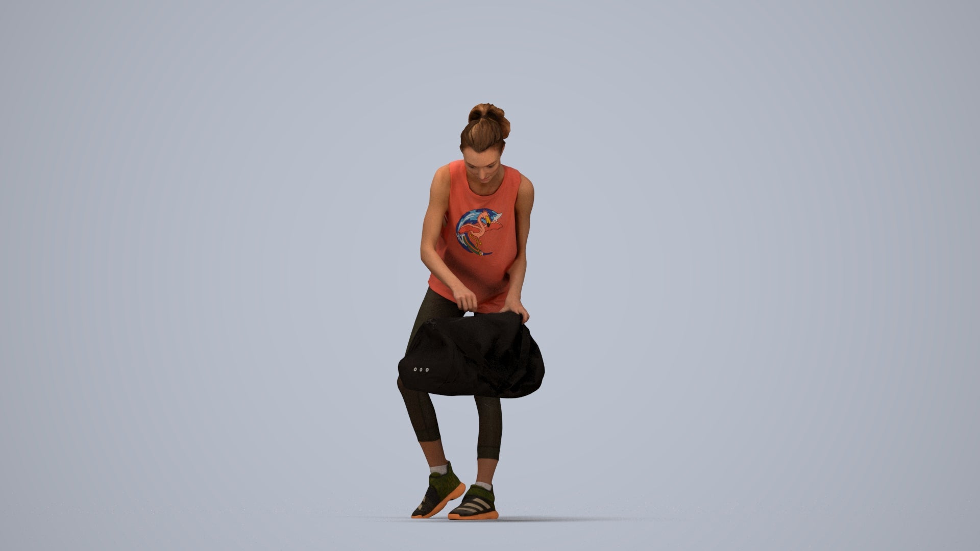 3D human model woman sport, photogrammetry scanned person for archviz, top-down view render