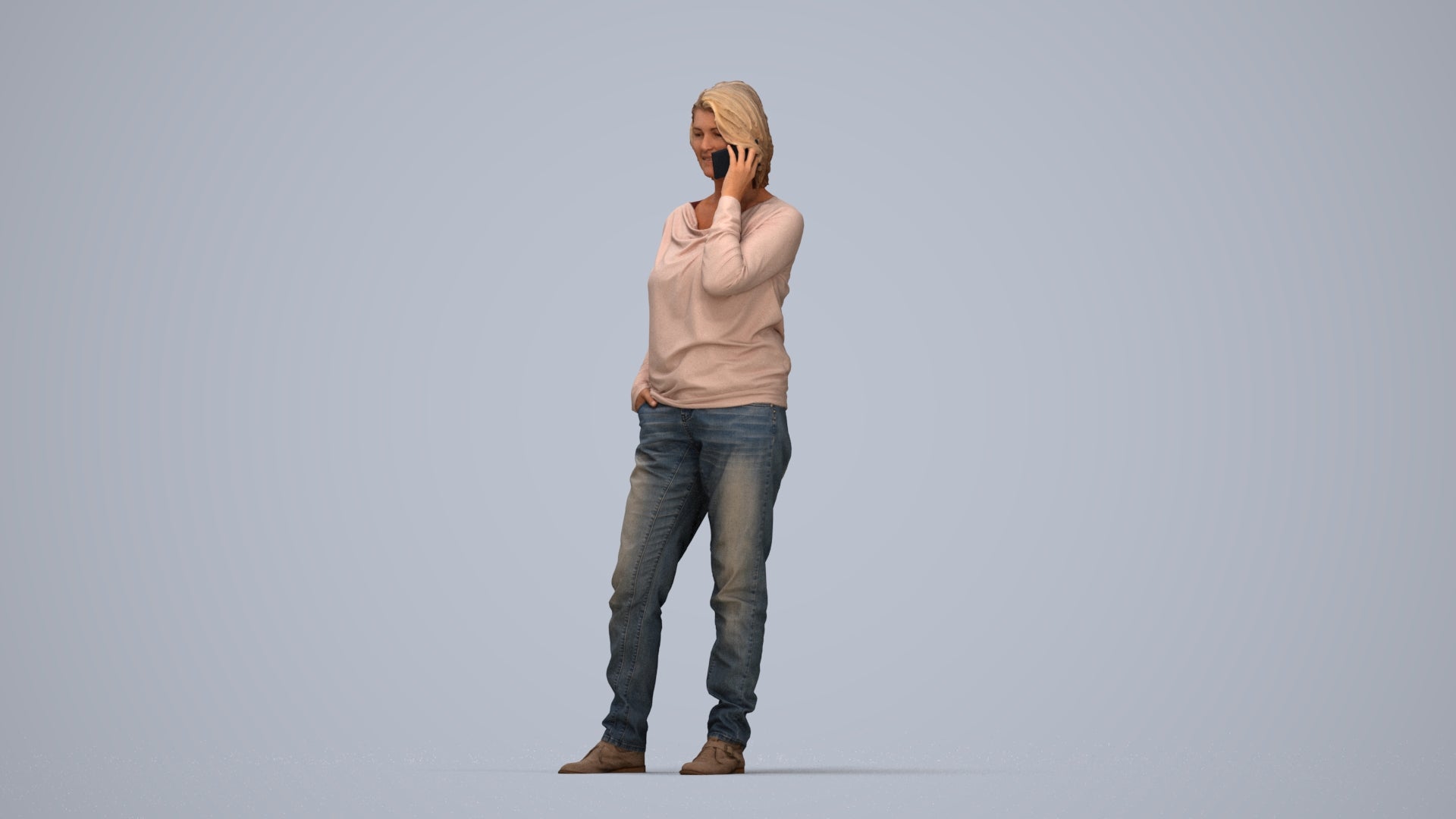 realistic 3D woman casual standing, scanned archviz people for Blender and 3ds Max, top-down view render