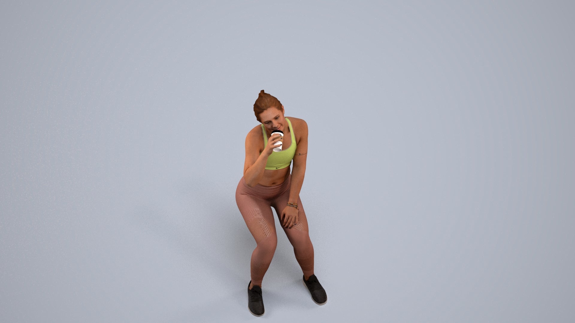 3D human model woman sport, photogrammetry scanned person for archviz, back view render