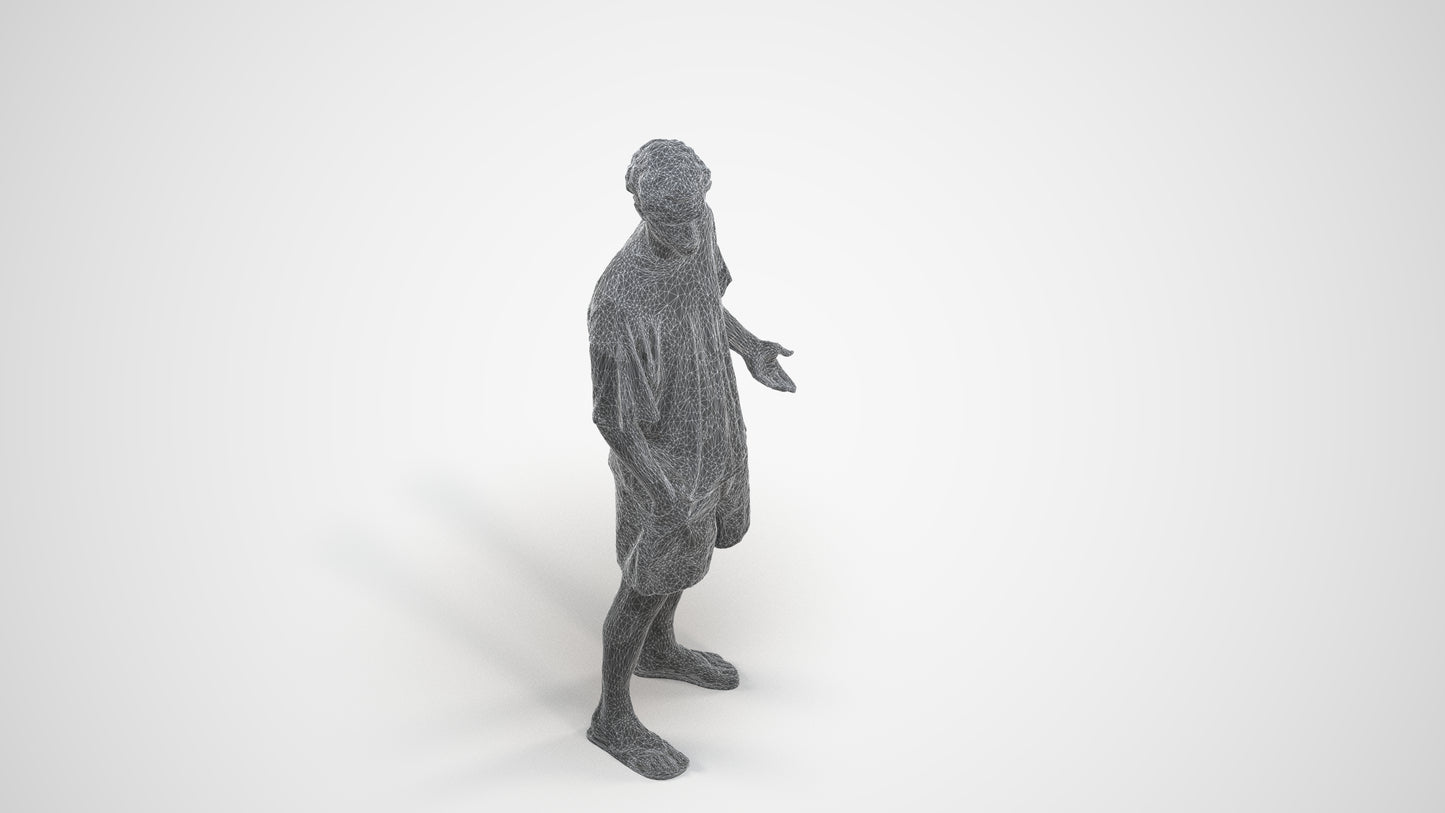 3D human model man casual standing, photogrammetry scanned person for archviz, wireframe three-quarter view
