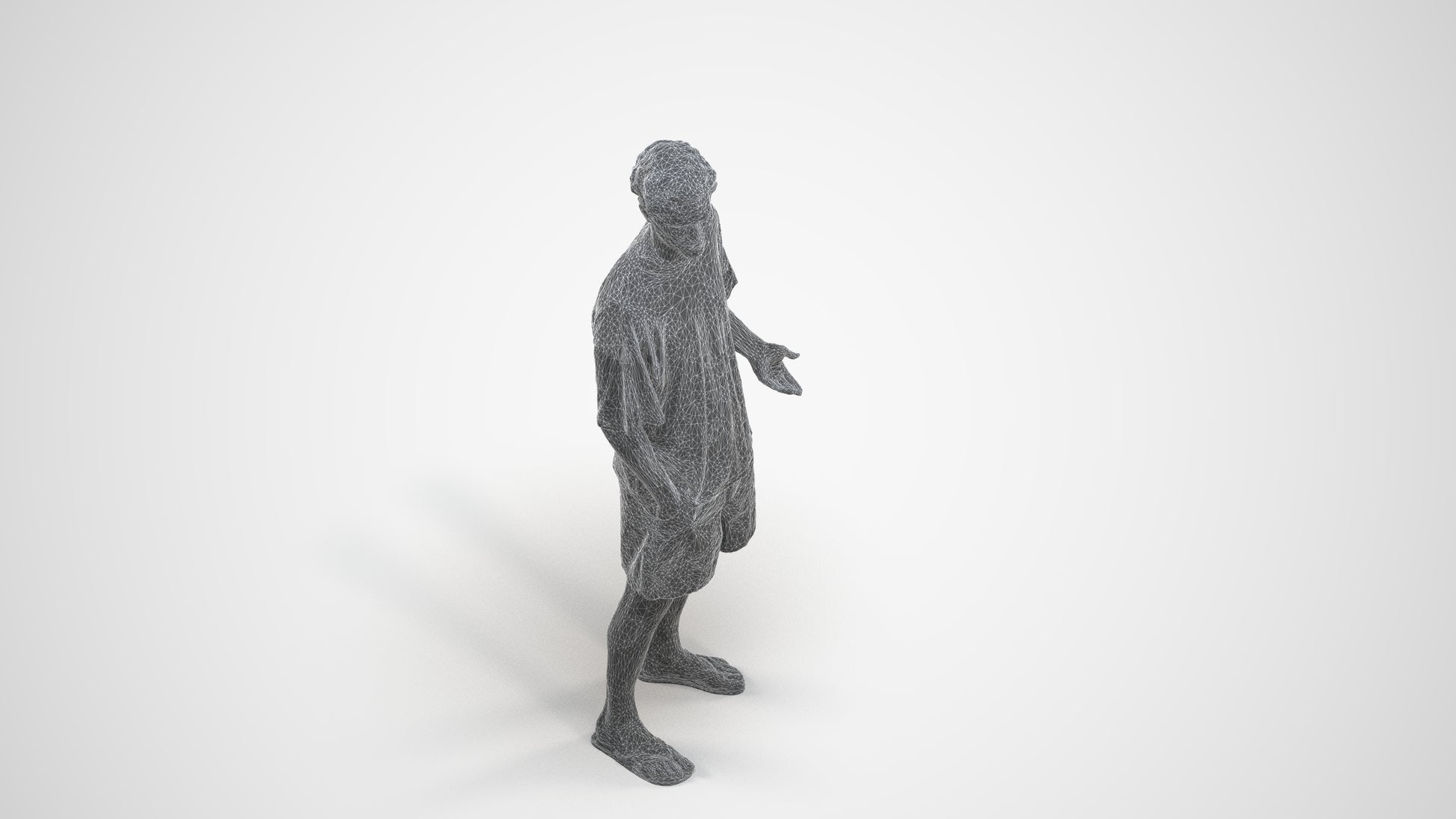 3D human model man casual standing, photogrammetry scanned person for archviz, wireframe three-quarter view