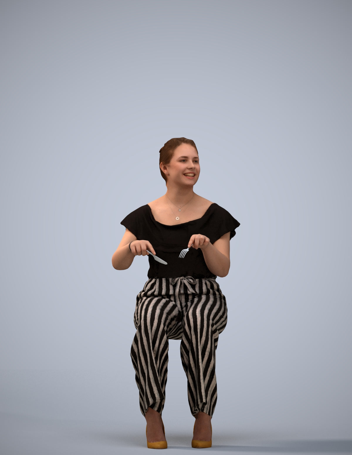 3D scanned woman sitting casual, photorealistic archviz people for Enscape and SketchUp
