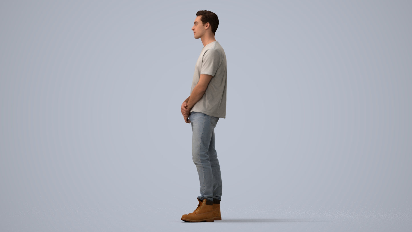 3D human model man casual standing, photogrammetry scanned person for archviz, three-quarter view render