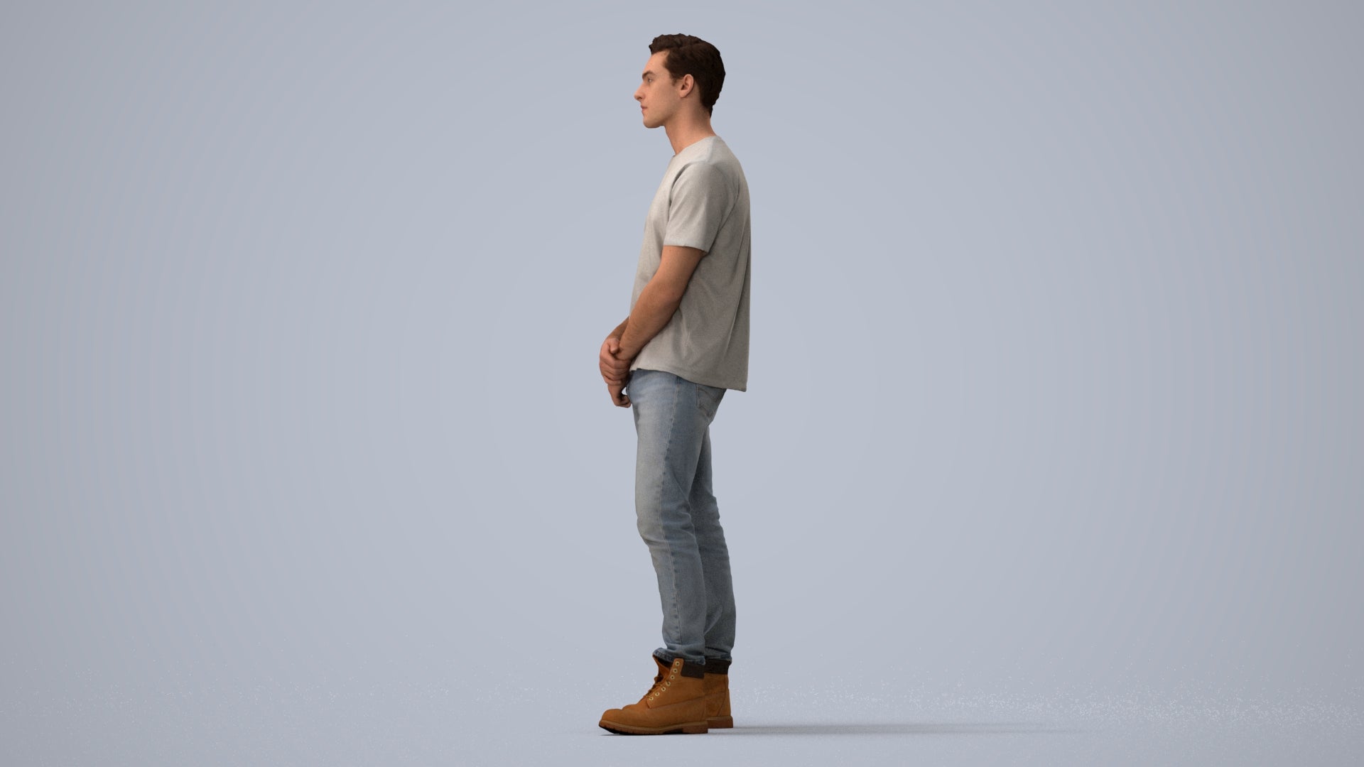 3D human model man casual standing, photogrammetry scanned person for archviz, three-quarter view render