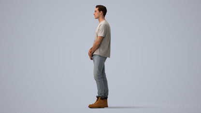 3D human model man casual standing, photogrammetry scanned person for archviz, three-quarter view render
