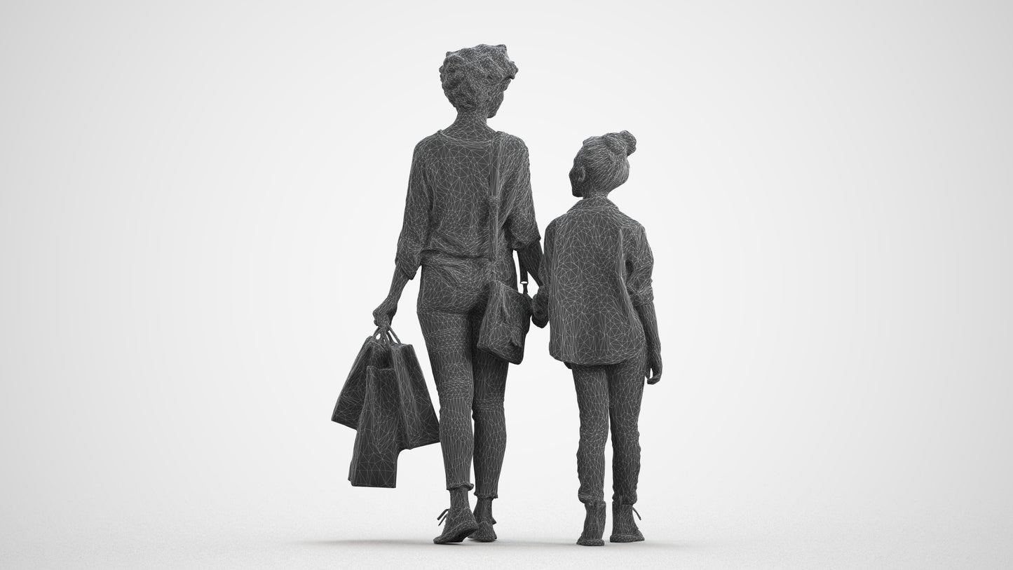 3D human model girl casual kids, photogrammetry scanned person for archviz, wireframe front view