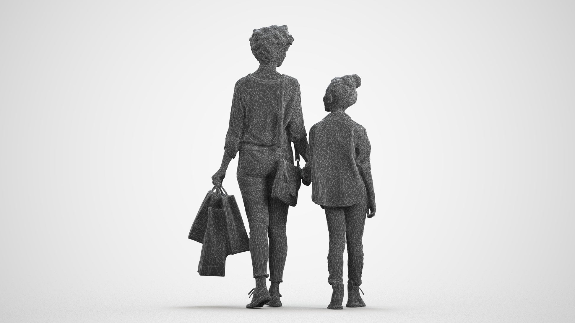 3D human model girl casual kids, photogrammetry scanned person for archviz, wireframe front view