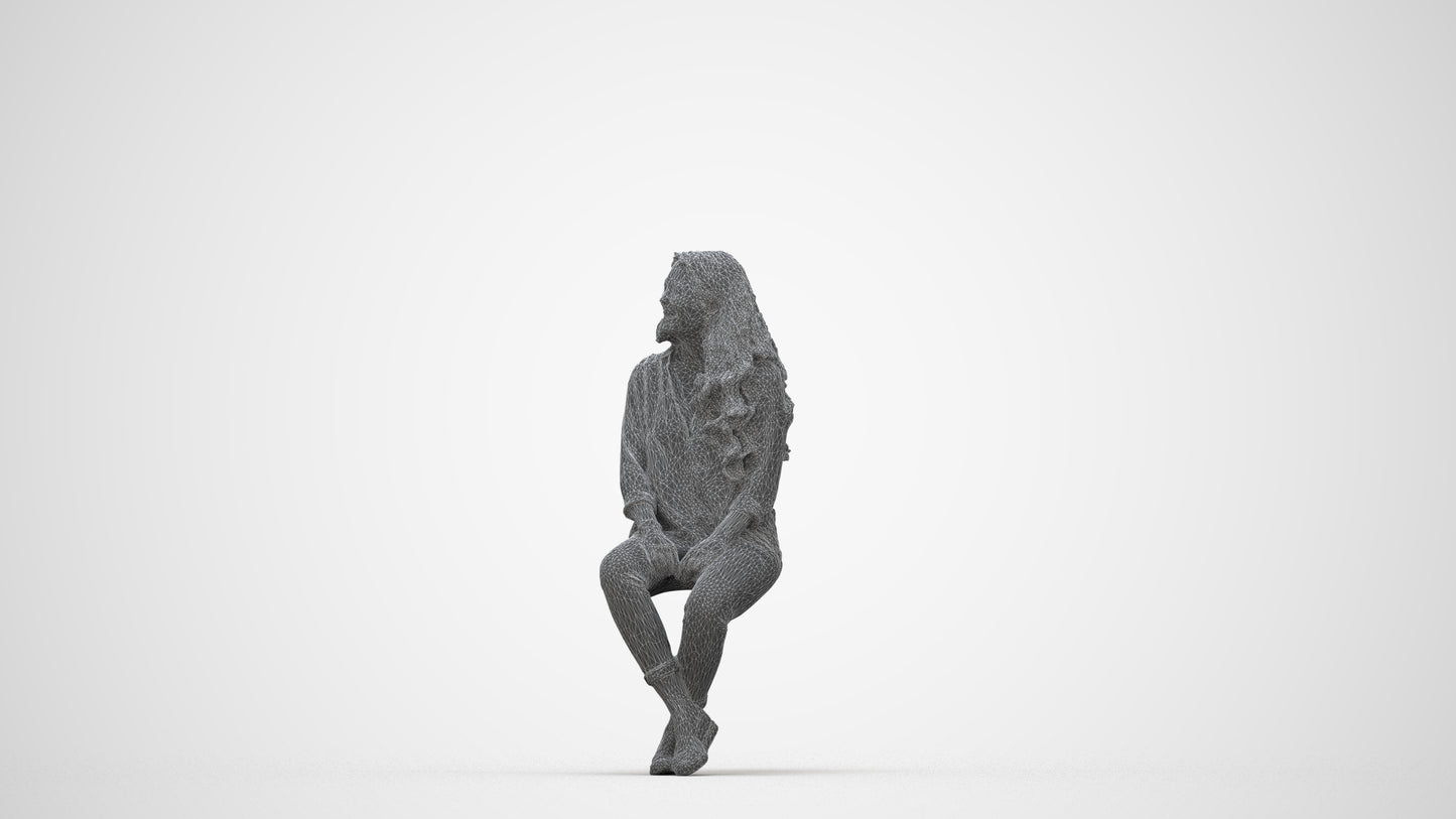realistic 3D human woman casual sitting, archviz people FBX OBJ for Blender, wireframe back view