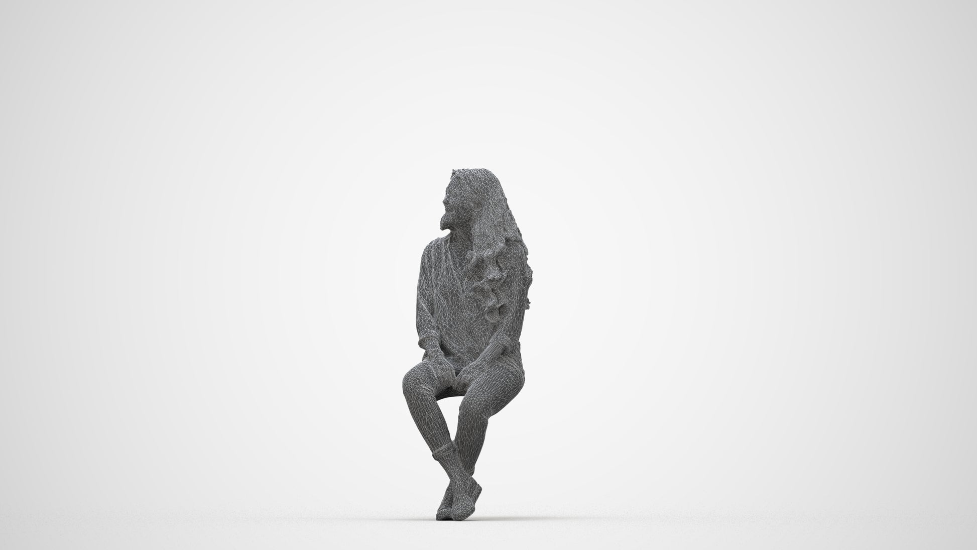 realistic 3D human woman casual sitting, archviz people FBX OBJ for Blender, wireframe back view