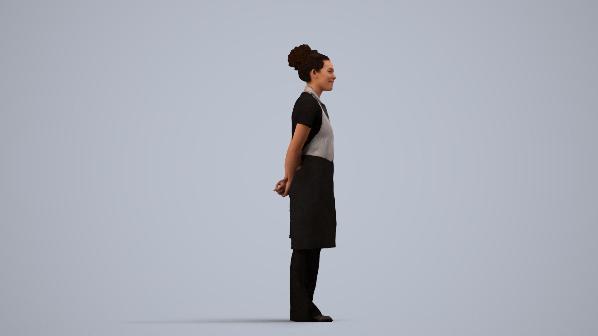 realistic 3D human woman hospitality, archviz people FBX OBJ for Blender, side view render