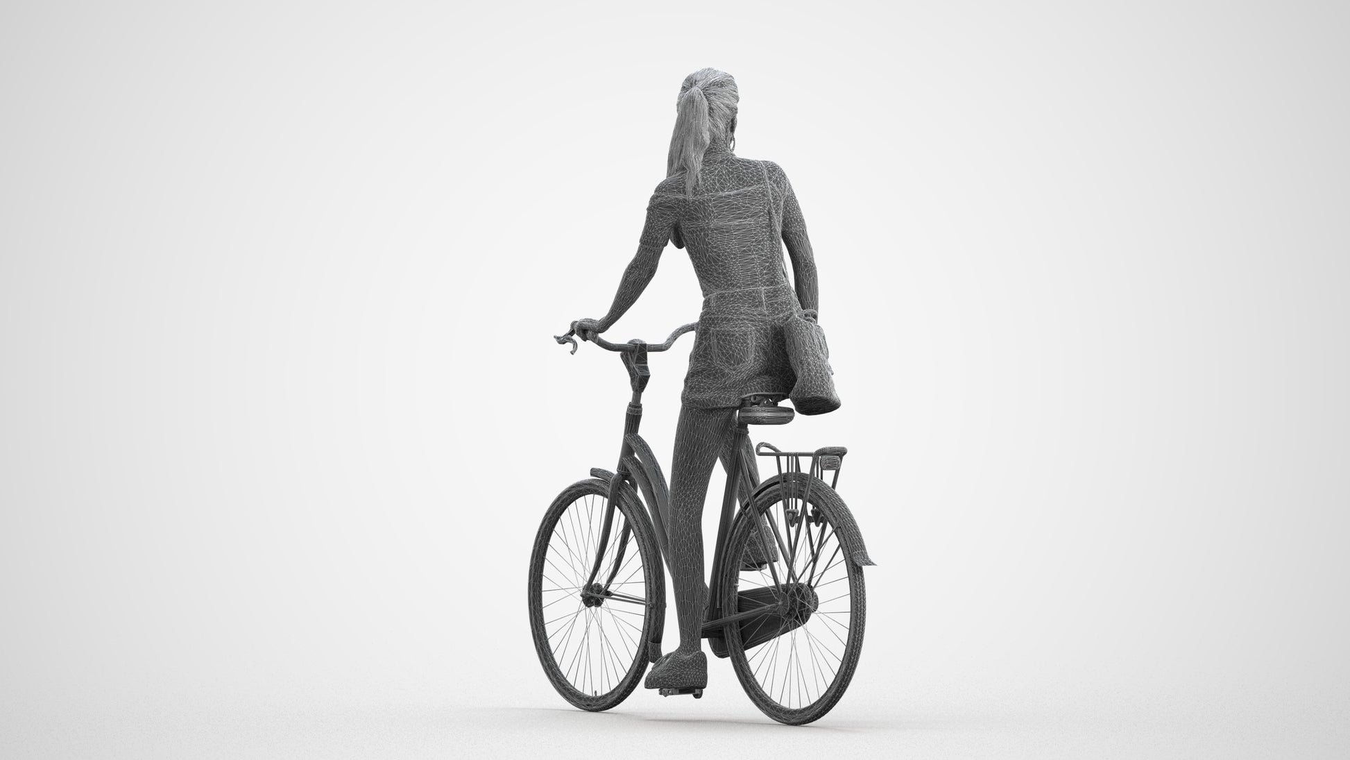 3D people model woman casual cycling, scanned human for 3ds Max rendering, wireframe front view