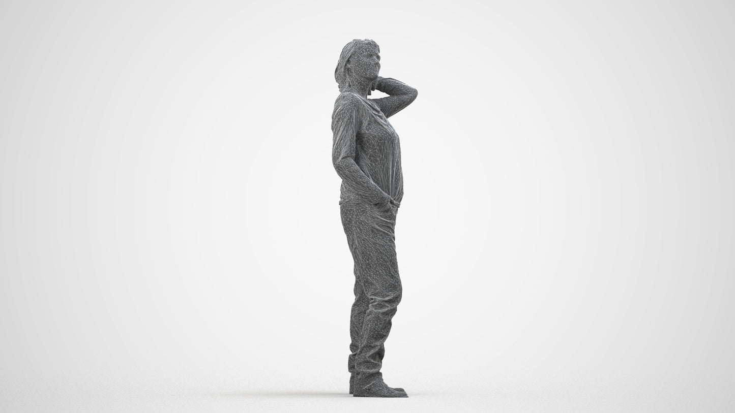 3D people model woman casual standing, scanned human for 3ds Max rendering, wireframe side view