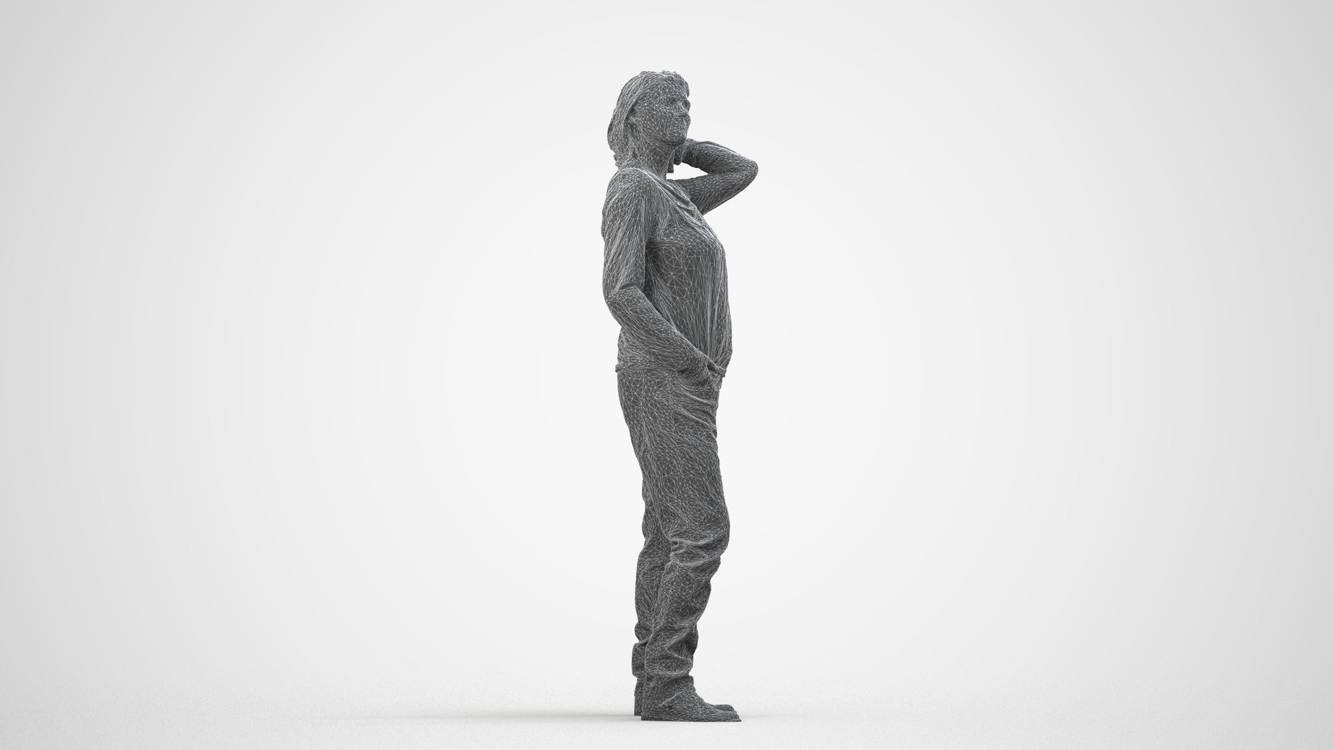3D people model woman casual standing, scanned human for 3ds Max rendering, wireframe side view
