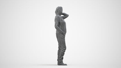 3D people model woman casual standing, scanned human for 3ds Max rendering, wireframe side view