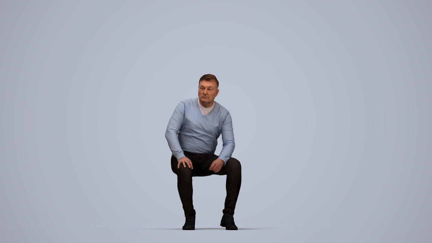 3D people model man casual sitting, scanned human for 3ds Max rendering, top-down view render