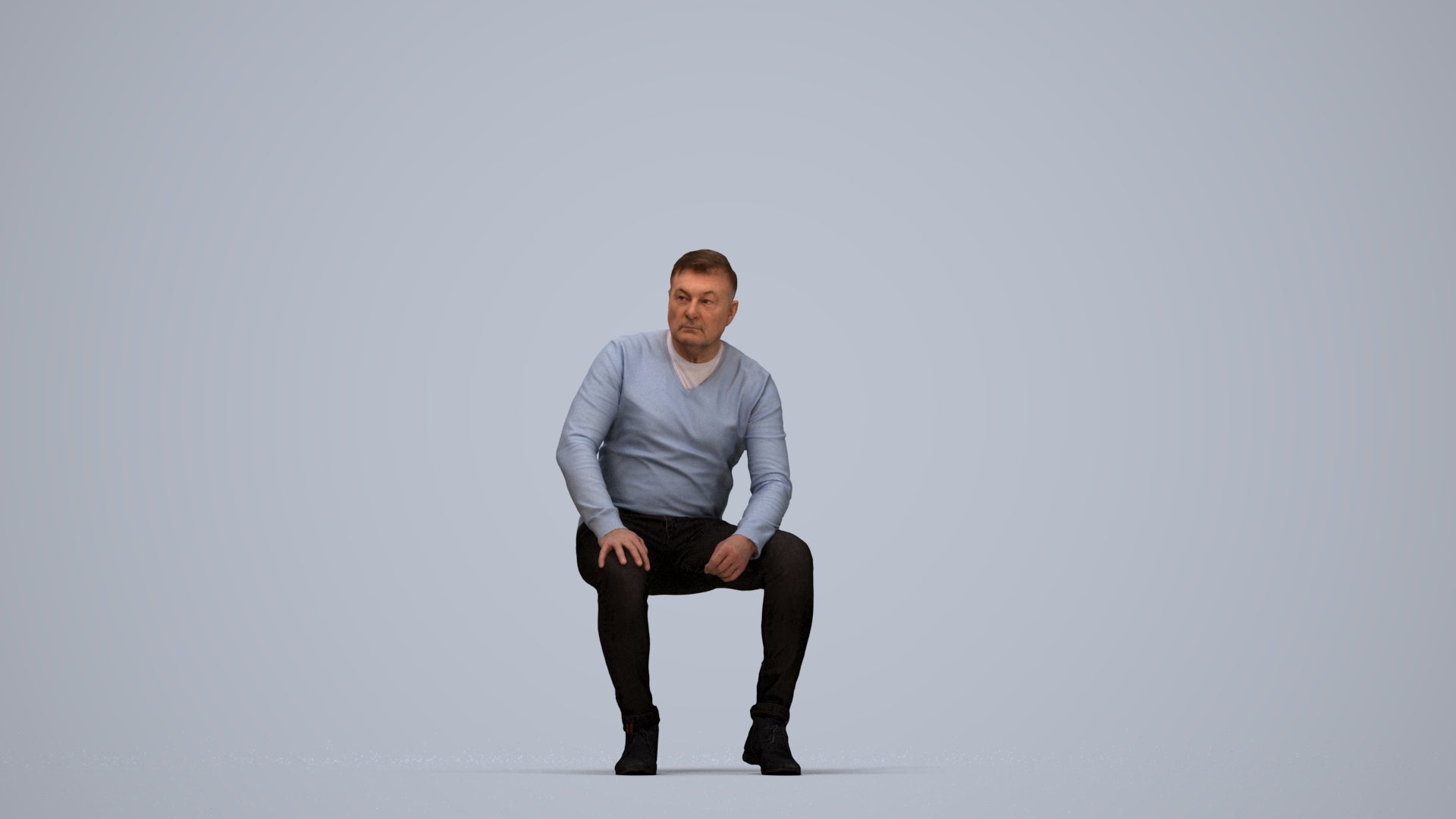 3D people model man casual sitting, scanned human for 3ds Max rendering, top-down view render