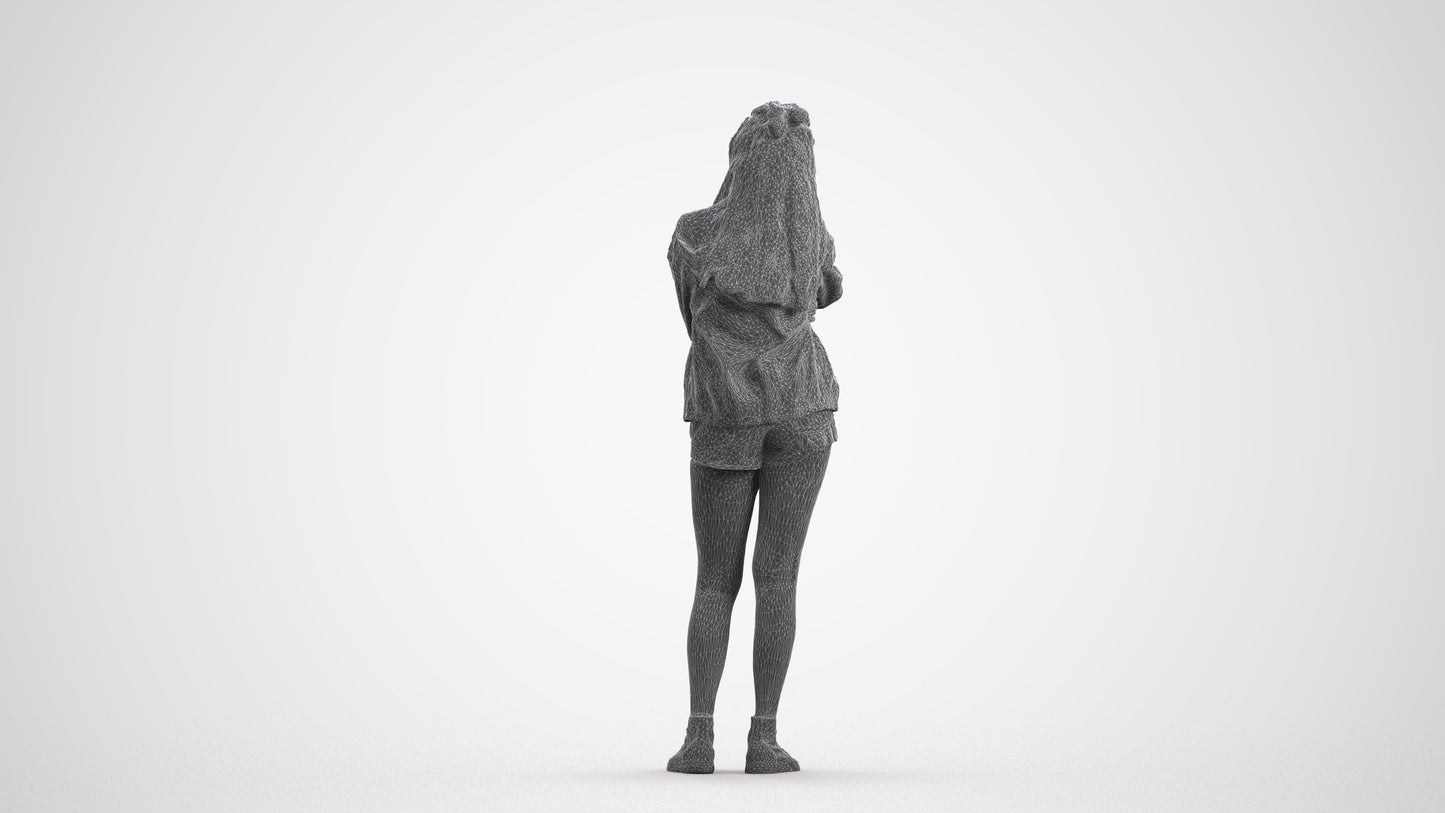 realistic 3D woman casual standing, scanned archviz people for Blender and 3ds Max, wireframe front view