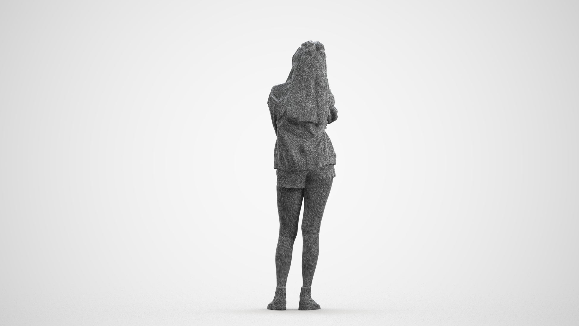 realistic 3D woman casual standing, scanned archviz people for Blender and 3ds Max, wireframe front view