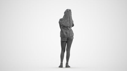 realistic 3D woman casual standing, scanned archviz people for Blender and 3ds Max, wireframe front view