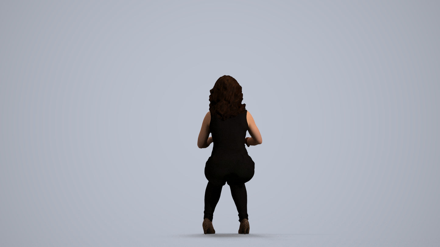 3D human model woman casual sitting, photogrammetry scanned person for archviz, front view render