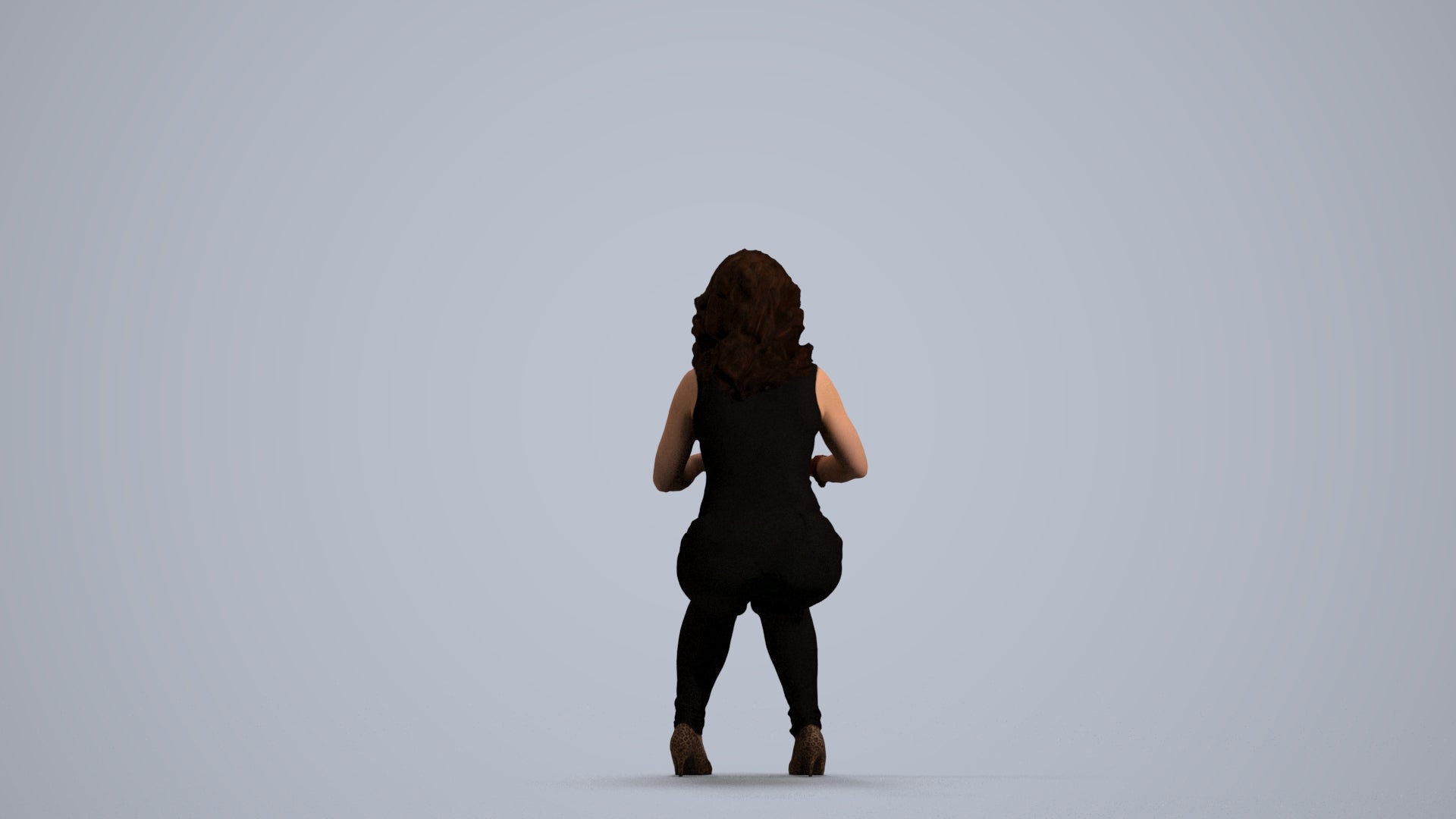 3D human model woman casual sitting, photogrammetry scanned person for archviz, front view render