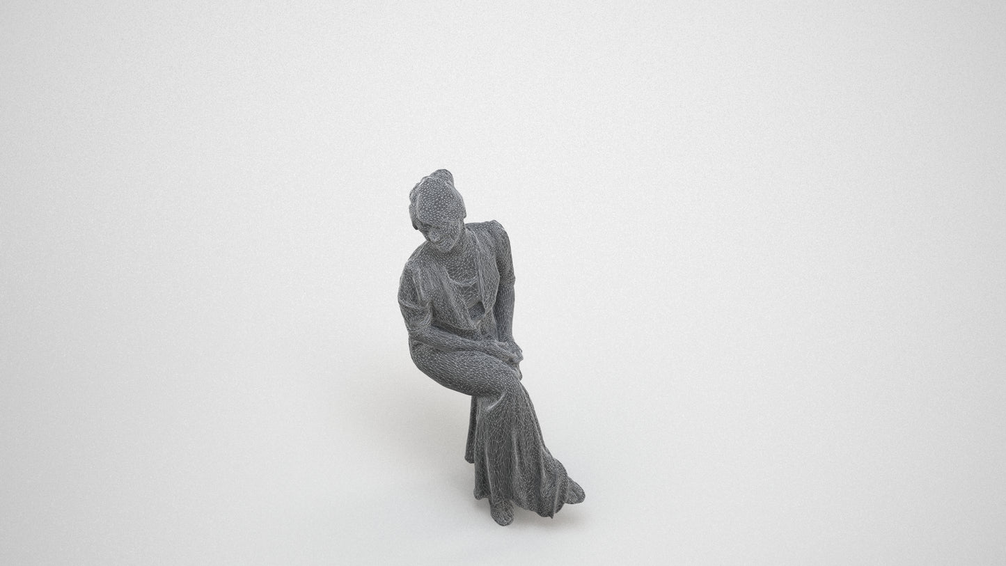 3D scanned woman sitting casual, photorealistic archviz people for Enscape and SketchUp, wireframe three-quarter view